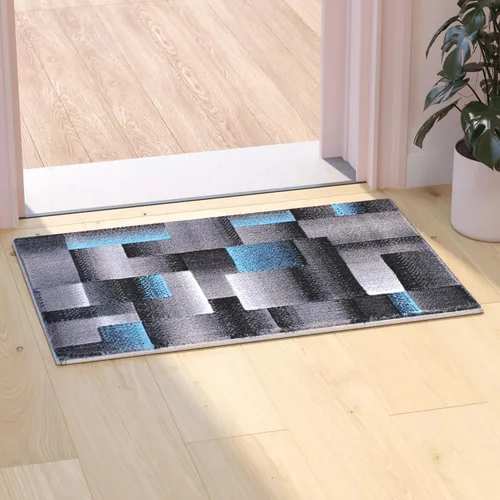 Vista 4 de Flash Furniture Elio Collection - Alfombra de área con patrón de bloques de color, alfombra de olefina azul de pelo alto, alfombra de área de 2 x 3