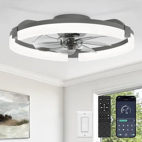 Vista 12 de LEDIARY Ventiladores de techo de bajo perfil de 19.7 pulgadas con luces y control remoto, 6 velocidades, 3 CCT, reversible, regulable, ventilador