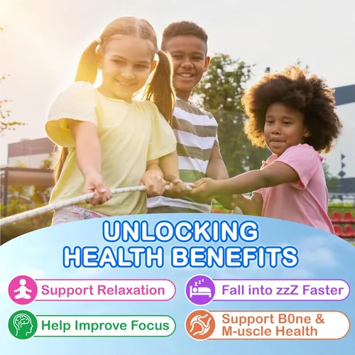 Vista 8 de Gomas de glicinato de magnesio para niños - Suplemento de glicinato de magnesio 200mg con L-teanina Omega-3, calcio, vitamina D3 y B12 para niños