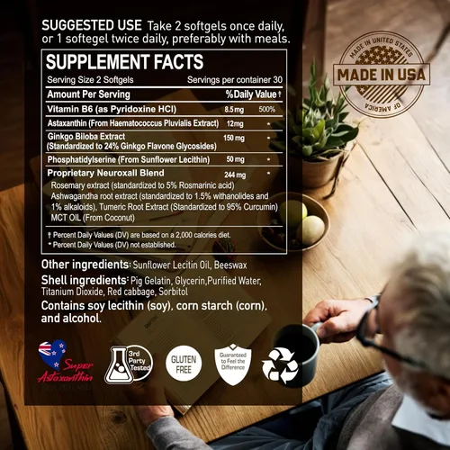 Vista 6 de NANOWELL Factores cerebrales neuroxall - Apoyo cognitivo con vitamina B6, astaxantina, extracto de ginkgo biloba y fosfatidilserina - Aumenta