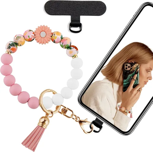 Vista 17 de Correa de silicona con cuentas para mujer, silicona sin BPA Elastic wristlet with tether tab, 12mm BPA-Free silicone beads with printed accents