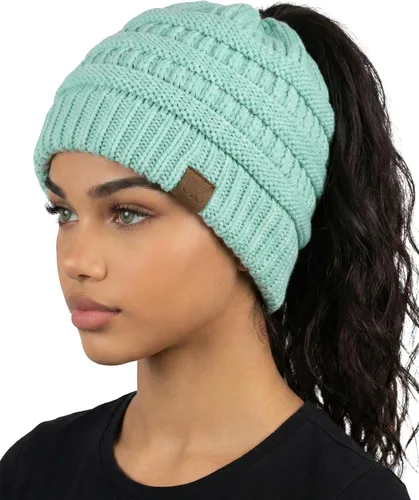 Vista 15 de Funky Junque Gorro de Cola de Caballo para Mujeres - Gorro de Invierno Ponyback Suave Elástico de Punto Trenzado Cola Alta Gorros para Correr