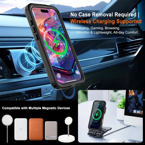 Vista 4 de Funda impermeable para iPhone 17, certificada IP68, grado militar a prueba de golpes y polvo para iPhone 17 (6.3" 2025), compatible con MagSafe Negro
