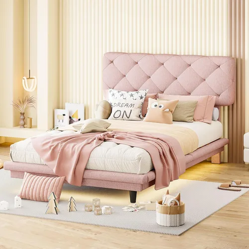 Vista 26 de Cama de plataforma flotante, marco de cama de madera tamaño individual con rayas claras, tela de lino suave y cabecera de diseño capitoné