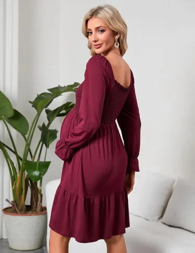 Vista 6 de KOJOOIN Vestido de verano de manga corta con cuello cuadrado para mujer, estilo bohemio, fruncido, con volantes, casual, vestido midi para baby