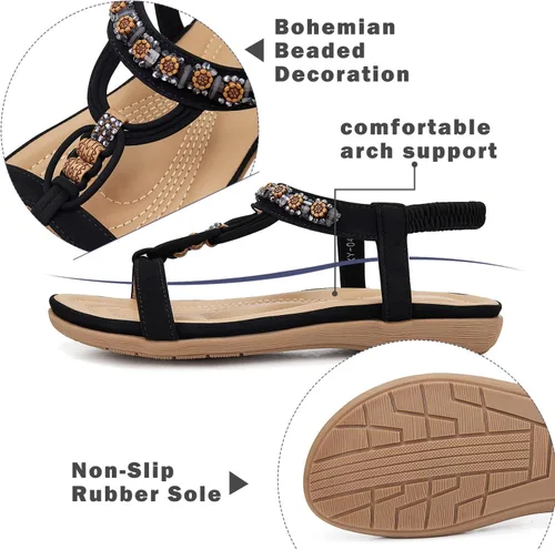 Vista 4 de SHIBEVER Sandalias de verano para mujer, sandalias planas bohemias con correa elástica, sandalias elegantes