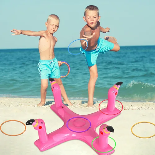 Vista 6 de Juguetes de piscina, juegos de lanzamiento de anillos de piscina, juguetes inflables de tiburón flamenco con 6 anillos para niños y adultos, piscina