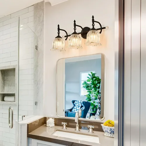 Vista 9 de CVKASH Accesorios de Lámpara de Tocador de Baño de 3 Luces Sobre Espejo, Lámpara de Tocador Moderna Negra con Pantalla de Vidrio, Aplique de Pared