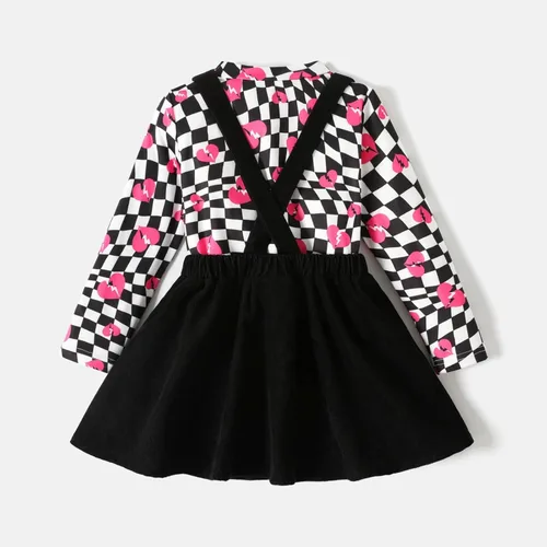 Vista 2 de L.O.L. Surprise! Conjunto de 2 piezas de camiseta de manga larga con cuello alto a cuadros para niña pequeña, falda con tirantes color negro