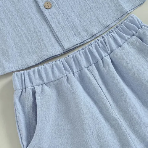 Vista 6 de DNOMAID YZARC Conjunto de 2 piezas de ropa de verano para bebé niño y niña, algodón sólido, lino, manga corta, con botones, pantalones cortos