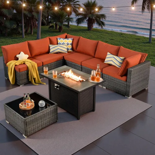 Vista 37 de ovios Juego de muebles de patio al aire libre de 5 piezas con mesa de café, conjunto seccional de muebles de patio con sofá de mimbre para todo tipo