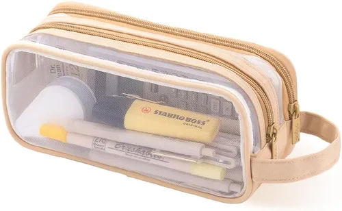 Vista 12 de Oyachic Estuche para lápices de 2 compartimentos de malla transparente para bolígrafos, bolsa de cosméticos para maquillaje, bolsa de cosméticos