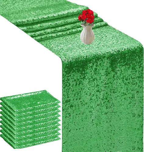 Vista 35 de Camino de mesa de lentejuelas de 72 pulgadas de largo, camino de mesa con purpurina verde para fiestas, bodas, novias, 2 piezas, verde