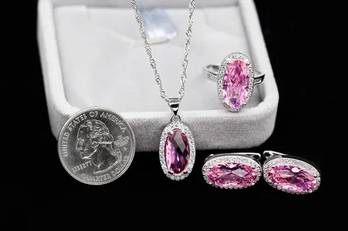 Vista 6 de Uloveido Juego de collar con colgante de gota de cristal de forma ovalada aretes y anillos joyería de boda para novias cumpleaños aniversario T482
