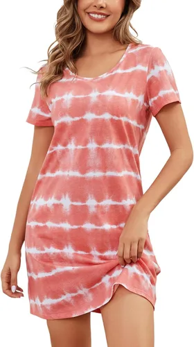 Vista 2 de Inadays Camisón de algodón para mujer, ropa de dormir de manga corta, camisón casual con estampado, pijama holgado y cómodo
