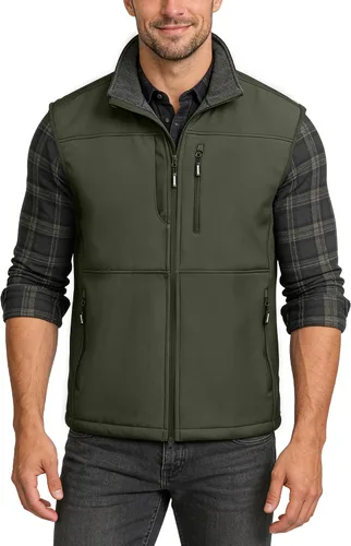 Vista 2 de Outdoor Ventures Chaleco de correr para hombre, ligero, resistente al viento, forro polar, softshell, sin mangas, para golf Verde militar