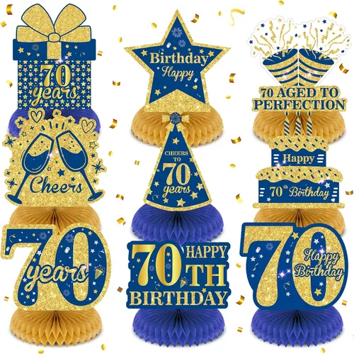 Vista 9 de 9 piezas de decoración de cumpleaños azul marino dorado 18 centros de mesa de panal para decoración de mesa, decoraciones de feliz cumpleaños 18