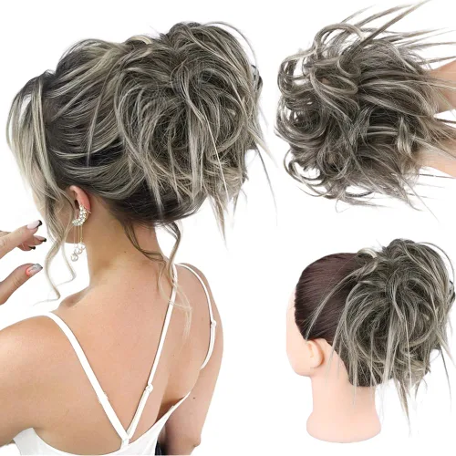 Vista 35 de HMD - Extensiones de cabello tipo chongo alborotado con rodelo despeinado, banda elástica de goma, extensiones de cabello sintético para mujer