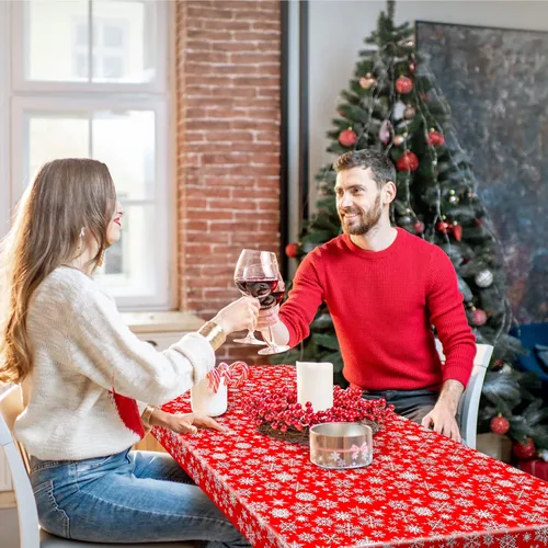 Vista 7 de ELECLAND Mantel de plástico de copos de nieve de Navidad, cubierta de mesa de copos de nieve de Navidad, mantel rectangular de fiesta de invierno