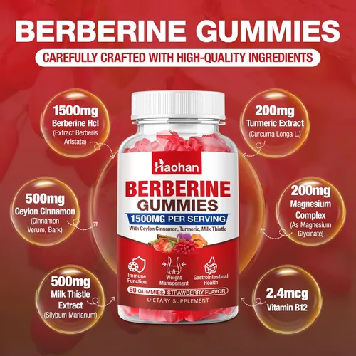 Vista 4 de Haohan Gomitas de berberina, 1500 mg de berberina de alta potencia, canela de Ceilán, cardo mariano, apoyo al sistema inmunológico y metabolismo