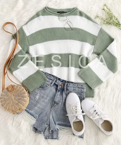 Vista 3 de ZESICA - Suéter tejido sin botones de manga larga y cuello redondo para mujer, a rayas, bloques de color, cómodo, holgado, talla extragrande