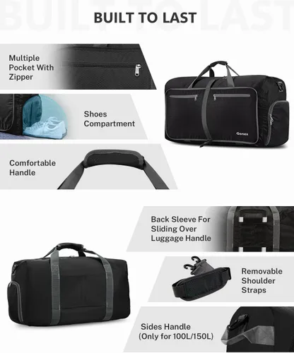 Vista 5 de Gonex Bolsa de viaje plegable grande de 40 L, 60 L, 80 L, 100 L, 150 L, con compartimento para zapatos, plegable, ligera, repelente al agua, bolsa
