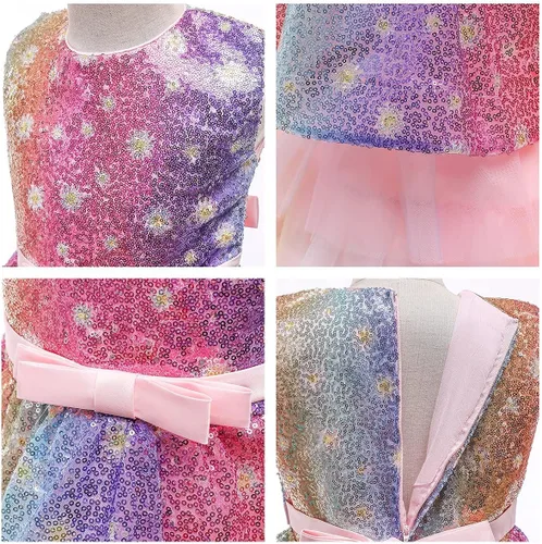 Vista 4 de Disfraz de princesa de lentejuelas de unicornio para niñas, disfraz de Halloween, fiesta de Navidad, boda, cumpleaños