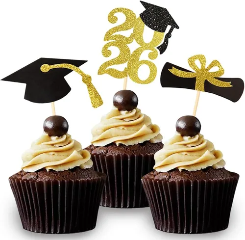 Vista 11 de Decoración para cupcakes de graduación con purpurina azul 2026, selecciones de alimentos/aperitivos, suministros de fiesta de graduación de 2026