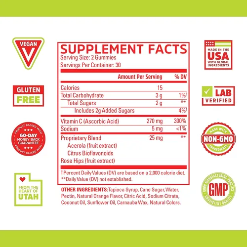 Vista 2 de Zhou Gomitas de vitamina C + - Gomitas de vitamina C para adultos y niños, 270 mg por gomita con bioflavinoides y acerola para apoyo inmunológico