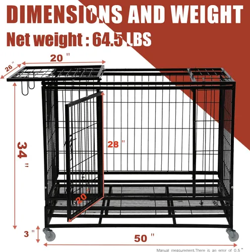 Vista 7 de HCY Jaula para perros grande de 48 pulgadas, resistente, plegable, con ruedas con bloqueo, puertas dobles, bandeja de plástico para mascotas