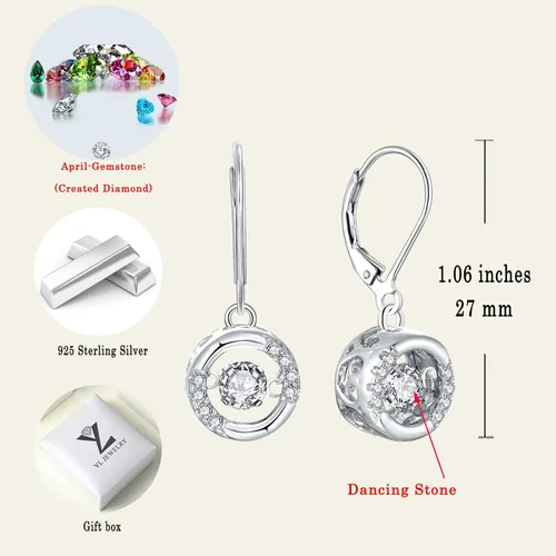 Vista 6 de YL Aretes redondos con halo de plata de ley, con solitario de diamante bailarín, aretes colgantes con piedras de nacimiento redondas, joyería