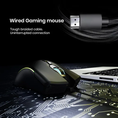 Vista 6 de Ratón para juegos con cable, mouse con cable para computadora con 6 botones programables, sensor óptico de hasta 7200 DPI, iluminación RGB