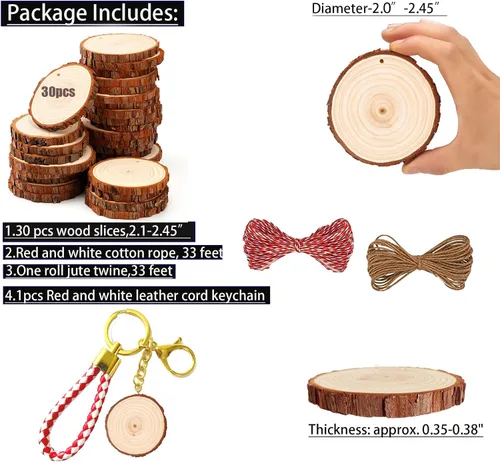 Vista 3 de SENMUT Rebanadas de madera natural, 30 unidades de círculos de madera preperforados de 2.0 a 2.45 pulgadas para manualidades, rebanadas de madera