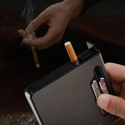 Vista 6 de Paquete completo de 20 cajas de cigarrillos regulares, soporte de expulsión automática con encendedor de arco doble, recargable por USB, sin llama