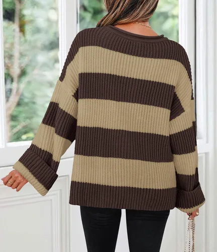 Vista 93 de ZESICA Suéter tejido sin botones de manga larga y cuello redondo, a rayas, bloques de color, cómodo, holgado, talla extragrande para mujer de 2024