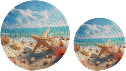 Vista 3 de Naanle Juego de salvamanteles de algodón tejido de conchas de playa de verano, 2 posavasos redondos para cocinar, hornear, platos calientes, sartén