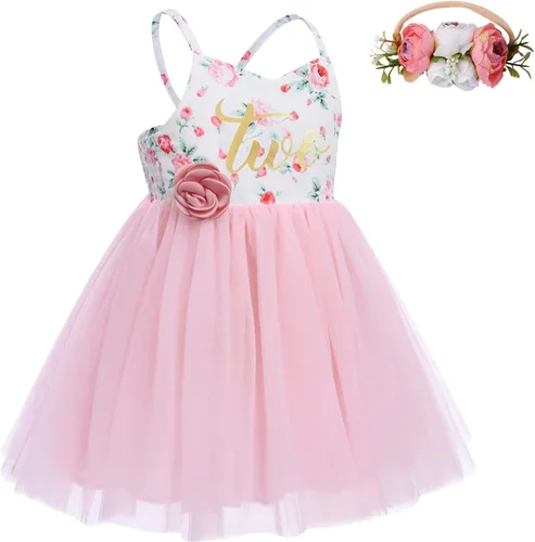 Vista 2 de Vestido de cumpleaños de 1. y 2 cumpleaños para niñas pequeñas, vestido de tutú de tul floral bohemio con diadema de flores para sesión de fotos