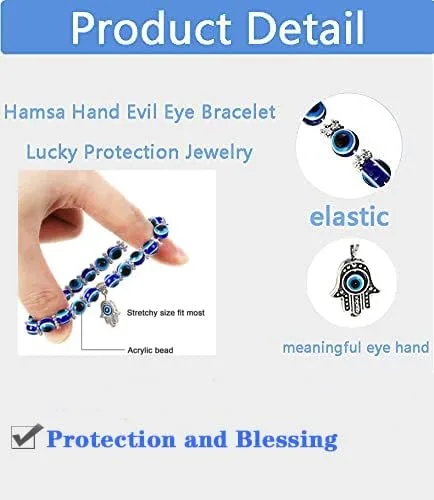 Vista 4 de RUIZHEN - 2 Pulseras elásticas con cuentas azules de ojo malvado, 7 chakras, piedra de lava, mano de Hamsa