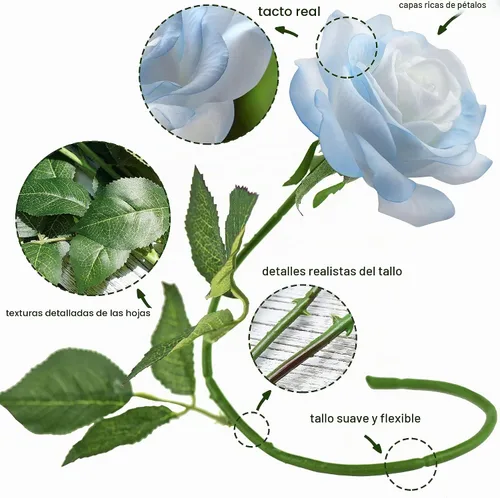 Vista 6 de FiveSeasonStuff 12 tallos de flores artificiales azul hielo, rosas de seda de tacto real para decoración de boda, en caja de regalo Azul helado
