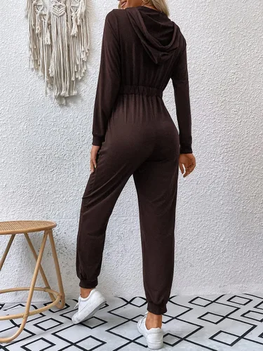 Vista 2 de OYOANGLE Enterizo de manga larga con cremallera y cordón para mujer, con capucha y bolsillos
