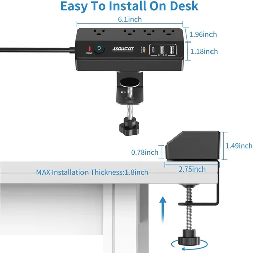 Vista 6 de JXGUCAT - Regleta de alimentación con abrazadera de escritorio de 10 pies con PD de 20 W de carga rápida USB C, protector de sobretensiones de Negro