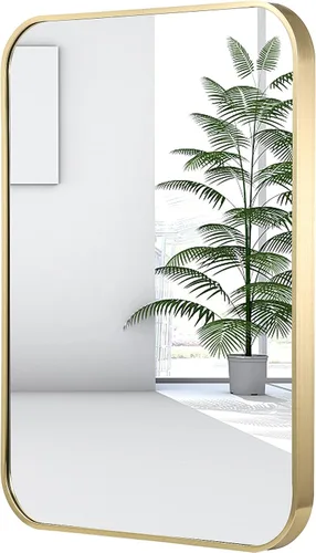 Vista 17 de Espejo de baño de níquel cepillado de 16 x 24 pulgadas, espejo rectangular enmarcado con esquina redondeada, espejo cepillado, espejo de baño