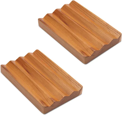 Vista 10 de Jabonera de teca para ducha de HTB, soporte decorativo de madera para jabón de baño, diseño de base elevada para mantener el jabón seco