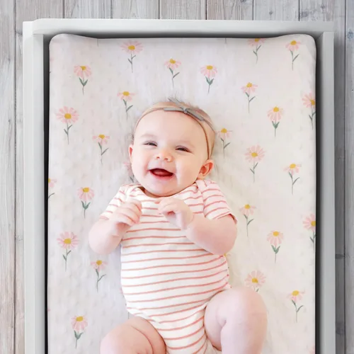 Vista 3 de The Peanutshell Fundas para cambiador de bebé para niña, sábanas de cambiador Minky para niñas, decoración floral rosa, margarita de girasol bohemio