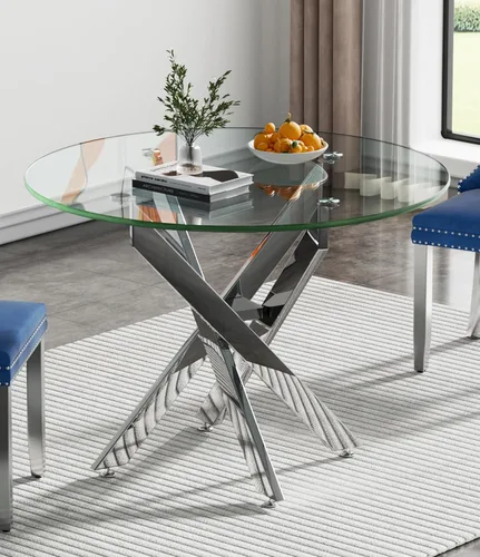 Vista 23 de Mesa de comedor redonda de 35.4 pulgadas para 4, moderna mesa de cocina de vidrio transparente para 4 personas con patas de metal dorado, mesas