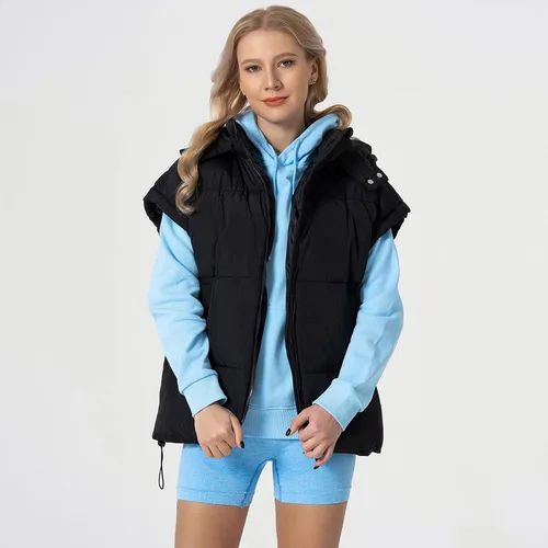 Vista 33 de Shiyifa Chaleco acolchado para mujer, chaqueta de gran tamaño, sin mangas, ligera, con cremallera, con capucha desmontable