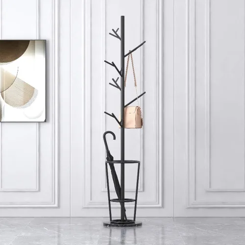 Vista 4 de Perchero para el suelo, perchero nórdico creativo con ramas de hierro, base de mármol, perchero con perchero para paraguas, decoración práctica