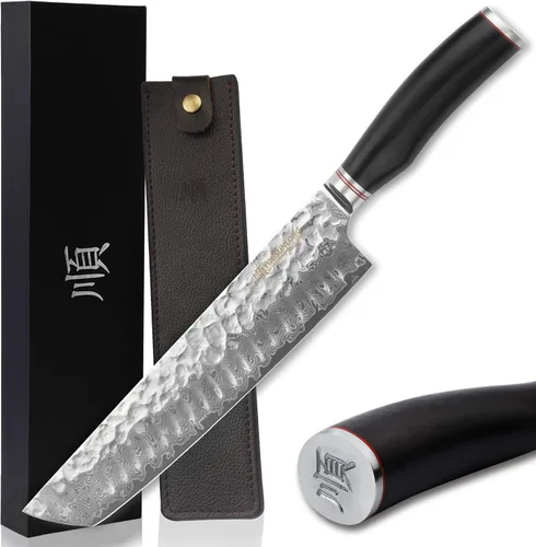 Vista 9 de YOUSUNLONG Kiritsuke - Cuchillo de chef japonés de acero Danascus de 10 pulgadas, afilado, mango de madera de plomo natural con funda de cuero