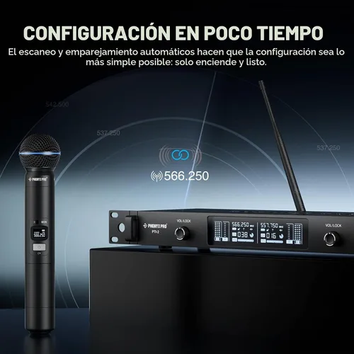 Vista 2 de Phenyx Pro UHF Sistema de Micrófono Inalámbrico Inteligente, Micrófonos Inalámbricos Duales con Escaneo y Sincronización Automática, Potencia de RF