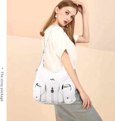 Vista 6 de Angel Kiss Bolso de mano estilo hobo para mujer bolso de hombro cruzado amplio bolso de mano con asa superior de cuero sintético lavado